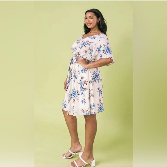 Flying Tomato Plus Size Dress Knee Length Cream Blue Brown Floral 1X 2X 3X - Picture 7 of 8